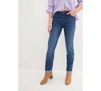 Straight-Jeans BONPRIX "Straight Jeans Mid Waist, Stretch", Damen, Gr. 52, N-Gr, blau denim used (länge: regulär), Denim/Jeans, Obermaterial: 82% Baumwolle, 17% Polyester, 1% Elasthan, regular fit knö
