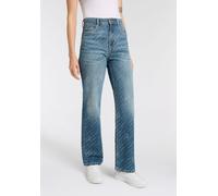Straight-Jeans BOSS ORANGE "Ada High Rise Slim Premium Damenmode", Damen, Gr. 28, N-Gr, blau (medium blau 426), Denim/Jeans, Obermaterial: 100% Baumwolle, Destroyed-Effekte, bedruckt, straight fit, Je
