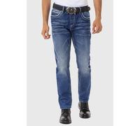 Cipo & Baxx Herren Jeans CD148 - Straight Fit Jeans Hose, Dunkelblau mit auffälligen Kontrastnähten, Bequeme Herren Freizeithose aus 100% Baumwolle mit Knopfleiste CD148-DB-W42-L32