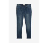 Straight-Jeans BONPRIX "Straight Jeans Mid Waist, Stretch", Damen, Gr. 40, K-Gr, blau (dunkelblau used (länge: kurz)), Denim/Jeans, Obermaterial: 82% Baumwolle, 17% Polyester, 1% Elasthan, regular fit