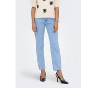 Straight-Jeans ONLY "ONLEMILY HW STRETCH EMB STRA ANK DNM AZG", Damen, Gr. 25, Länge 32, blau (light blau denim detail:flower emb), Denim/Jeans, Obermaterial: 99% Baumwolle, 1% Elasthan, Destroyed-Eff