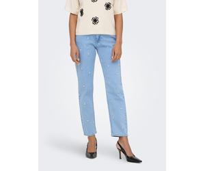 Straight-Jeans ONLY "ONLEMILY HW STRETCH EMB STRA ANK DNM AZG", Damen, Gr. 29, Länge 32, light blau denim detail:flower emb, Denim/Jeans, Obermaterial: 99% Baumwolle, 1% Elasthan, Destroyed-Effekte, s