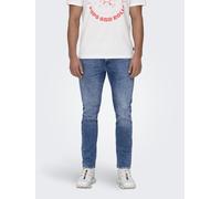 Straight-Jeans ONLY & SONS "ONSWEFT REG. MBD 5094 TAI DNM NOOS", Herren, Gr. 29, Länge 32, blau (medium blau denim), Denim/Jeans, Obermaterial: 99% Baumwolle, 1% Elasthan, Abriebeffekte, regular fit l
