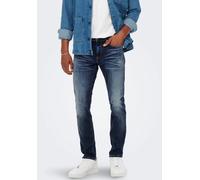 Straight-Jeans ONLY & SONS "ONSWEFT REG. MBD 5094 TAI DNM NOOS", Herren, Gr. 33, Länge 30, blau (blau denim), Denim/Jeans, Obermaterial: 98% Baumwolle, 2% Elasthan, Abriebeffekte, regular fit lang, Je