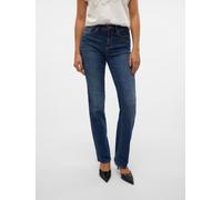 Straight-Jeans VERO MODA "VMFLASH MR STRAIGHT JEANS LI3300 GA NOOS", Damen, Gr. XS (34), Länge 34, blau (dunkelblau denim), Denim/Jeans, Obermaterial: 89% Baumwolle, 9% Elastomultiester, 2% Elasthan,