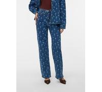 Straight-Jeans VERO MODA "VMTESSA HR WIDE FLOWER DENIM JEANS RA380", Damen, Gr. 28, Länge 32, medium blau denim aop:flower, Denim/Jeans, Obermaterial: 99% Baumwolle, 1% Elasthan, bedruckt, oversize no