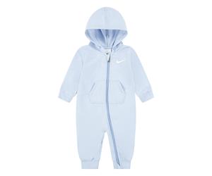 Strampler NIKE SPORTSWEAR "NKN ESSENTIALS HOODED COVERALL", Mädchen, Gr. 92 (24), N-Gr, blau (cobalt bliss), Sweatware, Obermaterial: 60% Baumwolle, 40% Polyester, eingesetzt Bündchen, Overalls, für B