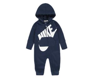Strampler NIKE SPORTSWEAR "NKN SUSTAINABLE COVERALL", Mädchen, Gr. 68, N-Gr, blau (dunkelblau), Sweatware, Obermaterial: 100% Polyester, bedruckt, unifarben, angesetztes Bündchen, Overalls, mit asymme