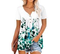 Strand Damen Y2K Tshirt Bluse Schwarz Damen Frauen Bedrucken V-Ausschnitt Kurzarm Basic Button Down Lang Shirt Casual Locker Swing Tee Shirts Top Spitze Damen (MinzgrüN, S)