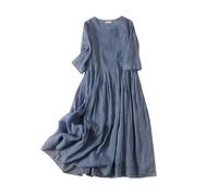 Strand Must Haves Angebote Bekleidung Kleid Damen Sommer Solides Freizeitkleid Mit Rundhalsausschnitt Aus Baumwollleinen, Doppellagig, Fließender Saum Blaue Kleider Angebote Kleidung