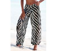 Strandhose FRENCH CONNECTION, Damen, Gr. 38, N-Gr, schwarz (schwarz, creme bedruckt), Mesh, Obermaterial: 95% Polyester, 5% Elasthan, bedruckt, modisch, figurumspielend lang, Hosen, aus transparenter