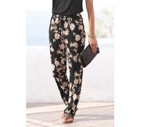 Strandhose LASCANA, Damen, Gr. 34, N-Gr, bunt (schwarz, orange, bedruckt), Jersey, Obermaterial: 100% Viskose, bedruckt, figurumspielend lang, Hosen Strandhose, mit floralem Alloverdruck und Taschen,