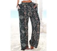 Strandhose LASCANA, Damen, Gr. 50, N-Gr, schwarz (schwarz, bedruckt), Jersey, Obermaterial: 100% Viskose, bedruckt, figurumspielend lang, Hosen Strandhose, mit Ethnoprint und Taschen, Wide-Leg, Marlen