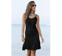 Strandkleid BEACHTIME BY LASCANA "aus Viskosejersey mit Raffung auf Hüfthöhe, Spaghettiträger", Damen, Gr. 42, N-Gr, schwarz, Jersey, Obermaterial: 100% Viskose, figurumspielend kniefrei, V-Ausschnitt