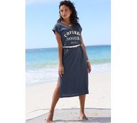 Strandkleid BEACHTIME BY LASCANA "mit glänzendem Foliendruck vorne, langes T-Shirt-Kleid", Damen, Gr. 32/34, N-Gr, rauchblau, Jersey, Obermaterial: 68% Baumwolle, 32% Polyester, unifarben, figurumspie