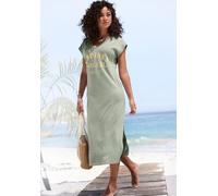 Strandkleid BEACHTIME BY LASCANA "mit glänzendem Foliendruck vorne, langes T-Shirt-Kleid", Damen, Gr. 32/34, N-Gr, grün, Jersey, Obermaterial: 68% Baumwolle, 32% Polyester, unifarben, figurumspielend