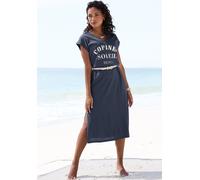 Strandkleid BEACHTIME BY LASCANA "mit glänzendem Foliendruck vorne, langes T-Shirt-Kleid", Damen, Gr. 36/38, N-Gr, blau (rauchblau), Jersey, Obermaterial: 68% Baumwolle, 32% Polyester, unifarben, figu