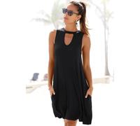Strandkleid BEACHTIME BY LASCANA "mit modischem Ausschnitt und Taschen, Jerseykleid", Damen, Gr. 46, N-Gr, schwarz, Jersey, Obermaterial: 95% Viskose, 5% Elasthan, unifarben, figurumspielend ca. Mitte