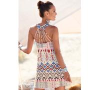 Strandkleid BUFFALO "mit besonderem Trägerdesign und Ethnoprint", Damen, Gr. 38, N-Gr, beige (creme, bedruckt), Jersey, Obermaterial: 95% Viskose, 5% Elasthan, bedruckt, figurumspielend Po-bedeckend,