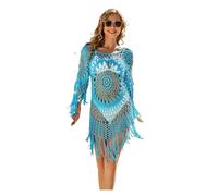 Strandkleid Damen Bikini Cover Ups Frauen Langarm Häkeln Aushöhlen Quaste Strandkleid Durchsichtig Sexy Beachwear Cover-ups Weiblich(Blue,S)