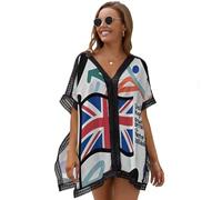 Strandkleid Damen Britische Flagge Im Cartoon-Stil Luftig Strandtunika Sommer Strandkleider Graffiti Uk-Flagge Bikini Cover Up Strandponcho Große Größen V-Ausschnitt Kurzarm Blusenkleid Für Urlaub
