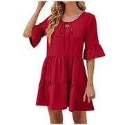 Strandkleid Damen Casual Einfarbige Minikleid Kurzarm Rundhals Sommerkleid A-Linien Kleid mit Rüschensaum Partykleid Urlaubskleid mit Schnürung Freizeitkleid Skaterkleid Tshirtkleid
