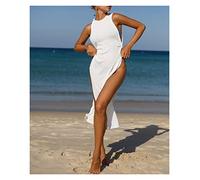 Strandkleid Damen Einfarbiges, geripptes Strandkleid, Damen-Badeanzug, sexy, ausgeschnittenes, geknotetes, seitlich geteiltes Oberschenkelkleid, weiße Vertuschung, Kimono, Damen-Bikini-Bademode(X22DR1