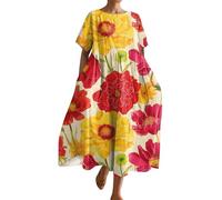 Strandkleid Damen Elegant Blumen Druck Rundhals Kurzarm Oversize Maxi Strand Kleid mit Tasche Loose Swing Lässige Freizeit Party Sommermode Frauen Plus Size Bohemien