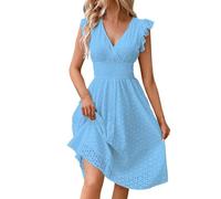 Strandkleid Damen Elegant Einfarbig Spitze Hohl V-Ausschnitt Rüschen Kurze Ärmel Mini Kleid Tunika Blusekleid Bohemien Strand Freizeit Sommer Minikleid für