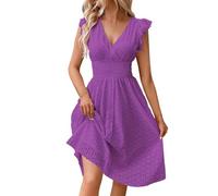 Strandkleid Damen Elegant Einfarbig Spitze Hohl V-Ausschnitt Rüschen Kurze Ärmel Mini Kleid Tunika Blusekleid Bohemien Strand Freizeit Sommer Minikleid für