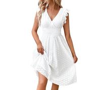 Strandkleid Damen Elegant Einfarbig Spitze Hohl V-Ausschnitt Rüschen Kurze Ärmel Mini Kleid Tunika Blusekleid Bohemien Strand Freizeit Sommer Minikleid für
