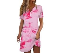 Strandkleid Damen Elegant Sommer Muster Drucken V-Ausschnitt Kurz Ärmel Swing Knielang Strand Kleid Freizeit A-Linie Kleid Sommermode T-Shirt Kleid Casual Tunika Kleid Bohemien Bluse Kleid