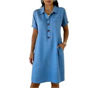 Strandkleid Damen Große Größen, Kleider Kleid Sommer Henley-V-Ausschnitt Halbärme Leinenekleid Sommerkleid Elegant Loose Einfarbige Knopf Casual Partykleid (2-Blau, XXL)