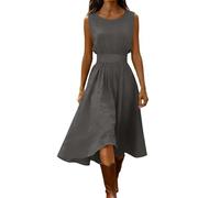 Strandkleid Damen Kleider Damen Sommer Elegant Leinen Rundhals Ärmellos Hohe Taille Tailliert Schickes Midikleid Casual Sommerkleider Strand Urlaub Leicht L Gray