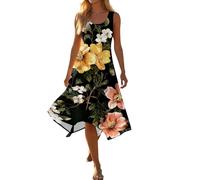 Strandkleid Damen Kleider Für Hochzeitsgäste Festliche Sommerkleid Ärmellos Damen Rundhals Midi Kleid Knielang Swing Cocktailkleid Blumen Sommerkleidung Elegant Prin(Schwarz,XL)