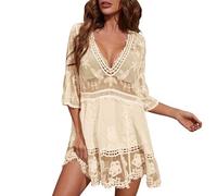 strandkleid damen knielang - Strandkleid Damen Sexy Bikini Badeanzug Cover Up Kleid V-Ausschnitt Spitze Stickerei Sonnenschutz Transparente Häkelung Urlaub Strandponcho Strandtunika Sommerkleid