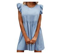 Strandkleid Damen Knielanges Jeanskleid Damen Ärmellos Rüschen Sommer Lässig Rundhalsausschnitt A-Linie Plissee Saum Kurzes Minikleid Hellblau S EU 34