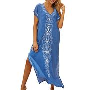 Strandkleid Damen Lang Boho - Kaftan Damen Lang Strand - Strandkleider Transparent Sommerkleid V Ausschnitt Leinenkleid Luftig Strandponcho Leicht Bikini Cover Up Maxikleid Kurzarm Tunika Leinen