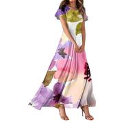 Strandkleid Damen Lang, Elegantes Kleid Damen, Sommer Blumendruck Rundhals Kurzarm Maxikleid Bohemian Swing Kleid Locker A Linie Maxi Kleider High Waist Strandkleid Elegant Freizeitkleid Sommerkleid