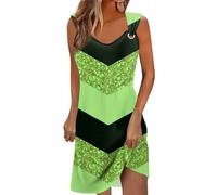 Strandkleid Damen lang Kleider Sommer Boho Streifen Druck Ärmelloses V-Ausschnitt Elegant Freizeit Kleid Sommerkleider Knielang Strickkleid（Grün, L