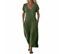 Strandkleid Damen Lang,Kurzarm Rundhals Sommerkleid Boho Abendkleid Lang Kleider Maxikleid Einfarbige V Ausschnitt Midikleid Sommerkleider Loose Luftig Wickelkleid Freizeitkleid Mit Tasche(2-Grün,XXL)