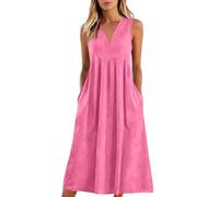 Strandkleid Damen Lang,Sommerkleid Baumwolle Kleider Leinenkleid Sommer ÄrmellosFreizeitkleid Locker Midikleid Sommerkleider Leicht Und Luftig Strandkleider Frühlingskleider Mit Taschen(Rosa,L)