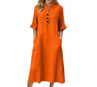 Strandkleid Damen Lang, Sommerkleid Baumwolle Kleider Leinenkleid Sommer Henley-V-Ausschnitt Halbärme Leinenekleid Elegant Loose Einfarbige Kleid Knopf Casual Partykleid (1-Orange, L)