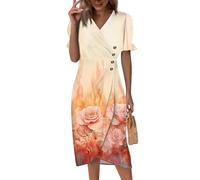 Strandkleid Damen Lang, Sommerkleid Baumwolle Kleider Wickelkleid Kurzarm V-Ausschnitt Midikleid Vintage Blumen Druck Leichtes Sommerkleider Knopf Klassische Partykleid Abendkleid (1-Orange, XL)