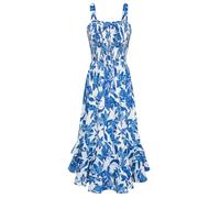 Strandkleid Damen Langes Blumenkleid Freizeitkleid Swing Trägerkleid Boho Kleid XL Weiß-Blaue Blume