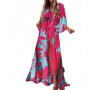 Strandkleid Damen Langes Geblümtes Sommerkleid V Ausschnitt Damen Lang Lange Maxi Sommerkleider Boho Tunika Kleid Casual Kleider Beach Dress Strandkleider Damen Sommer Böhmen Boho-Kleider Blau Rot S