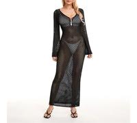 Strandkleid Damen Langes Strick-Strandkleid for Damen, ausgehöhlt, tiefer V-Ausschnitt, langärmlig, Bikini-Vertuschungskleid, rückenfreies Herbst-Urlaubskleid Strandkleider Große Größen(Black,M)