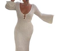 Strandkleid Damen Langes Strick-Strandkleid for Damen, ausgehöhlt, tiefer V-Ausschnitt, langärmlig, Bikini-Vertuschungskleid, rückenfreies Herbst-Urlaubskleid Strandkleider Große Größen(A,S)