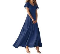 Strandkleid Damen Leicht Und Luftig Casual A-Linie Kleid Lang Kleider Damen V Ausschnitt Beach Urlaub Urlaubskleid Hochzeitskleid Langes Maxikleid Mit Ärmel Freizeitkleider（6-Royal Blue，M）