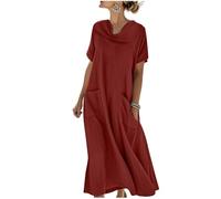 Strandkleid Damen Locker Kleid Solide Kurzärmelig Maxikleid Lässig Atmungsaktive Sommerkleider Fließend Modische Freizeitkleid mit Taschen Maxikleid Alltag Bequeme Leinenkleid